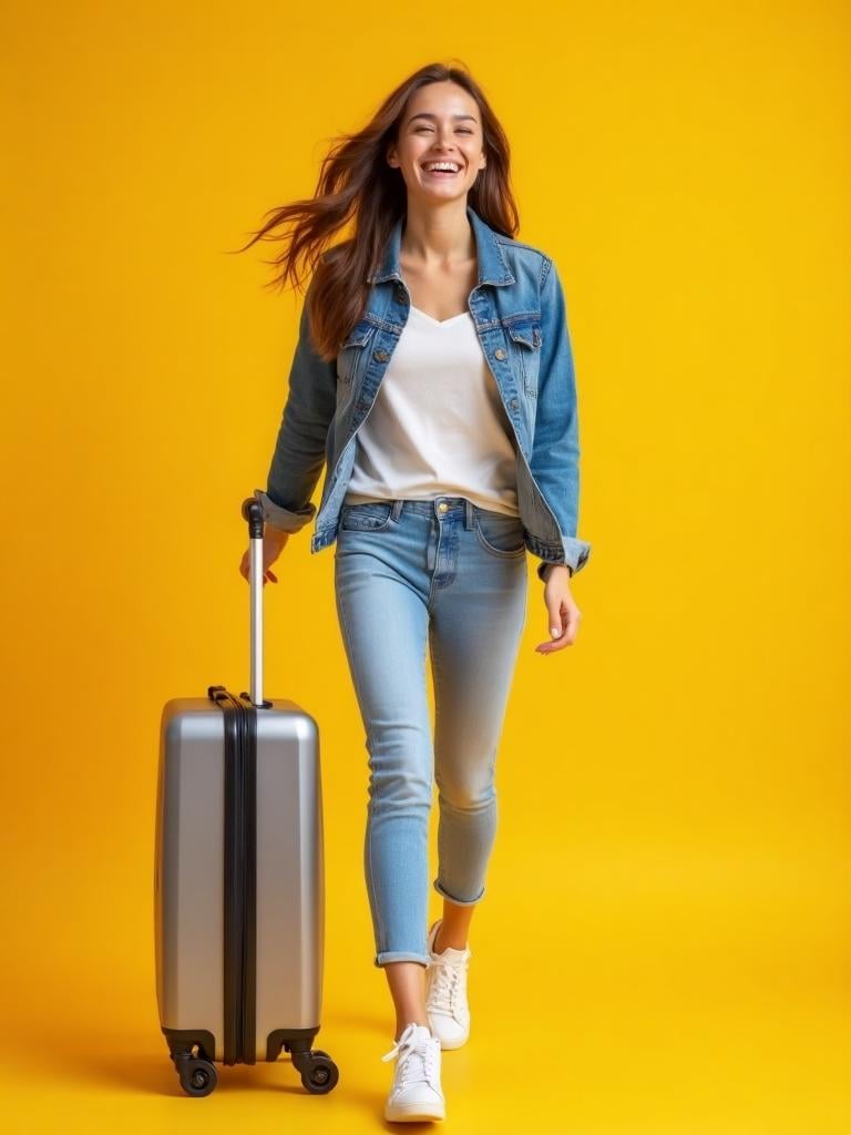 Happy traveler with suitcase enjoying hands-free exploration after storing luggage with BagsAway